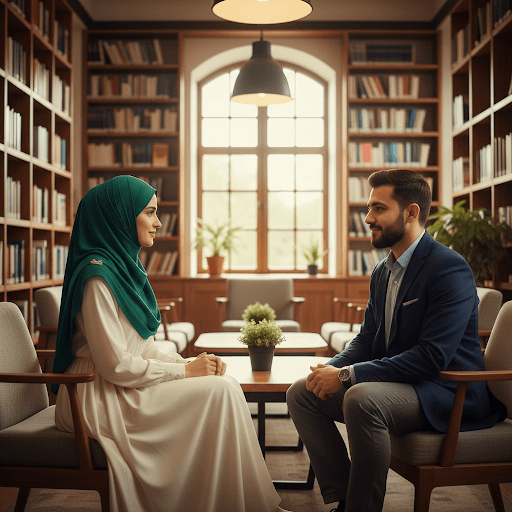 A Muslim couple talking across a table in a sunlit library