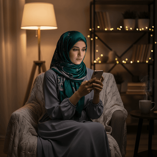 A woman in a hijab reading a message on her phone at home